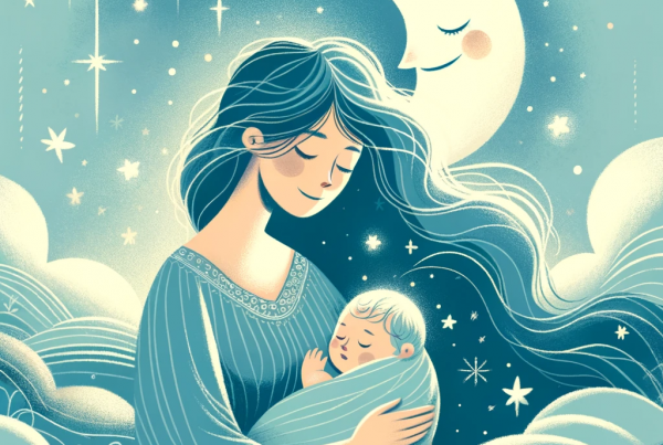 This whimsical storybook illustration of a tired yet joyful mother cradling her sleeping baby under a smiling moon and stars captures the essence of motherhood's joys and challenges.