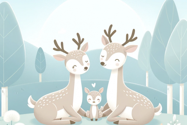 Storybook illustration of a deer family with a baby fawn in a light blue and white meadow, symbolizing early childhood nurturing and care.
