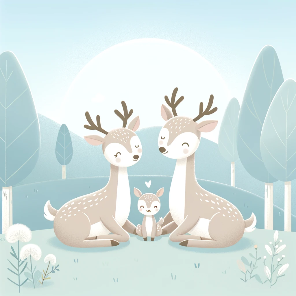 Storybook illustration of a deer family with a baby fawn in a light blue and white meadow, symbolizing early childhood nurturing and care.